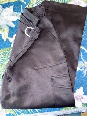 Chico's Black Satin High-Waist Pants with Silver D-Ring